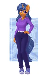 Size: 2208x3508 | Tagged: safe, artist:dandy, derpibooru import, oc, unofficial characters only, anthro, plantigrade anthro, unicorn, belt, breasts, clothes, commission, ear fluff, hand on hip, high res, horn, image, looking at you, pants, png, shirt, shoes, smiling, smiling at you, sneakers, solo, sweatshirt, unicorn oc