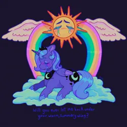 Size: 1440x1440 | Tagged: safe, artist:ariariari.png, derpibooru import, princess luna, alicorn, pony, black background, cloud, crying, image, jpeg, rainbow, s1 luna, simple background, solo, spread wings, sun, text, wings