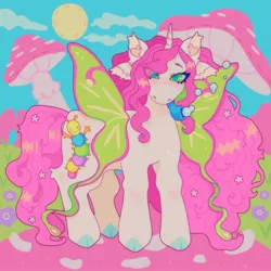 Size: 1440x1440 | Tagged: safe, artist:ariariari.png, derpibooru import, oc, oc:periwinkle, pony, unicorn, bubble, cloven hooves, flower, four ears, image, insect wings, jpeg, mushroom, sky, solo, sun, winged unicorn, wings