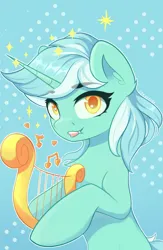 Size: 2600x4000 | Tagged: safe, artist:stravy_vox, derpibooru import, lyra heartstrings, pony, unicorn, abstract background, fangs, image, looking at you, lyre, musical instrument, png, smiling, solo