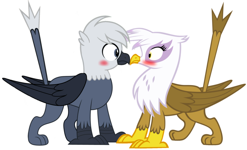 Size: 2447x1485 | Tagged: safe, artist:ponygamer2020, derpibooru import, gilda, oc, oc:grey, oc:grey the griffon, gryphon, beak, blushing, boop, canon x oc, cute, duo, duo male and female, embarrassed, female, griffon oc, griffonstone, hair, image, male, noseboop, png, shipping, simple background, straight, tail, transparent background, vector, wings