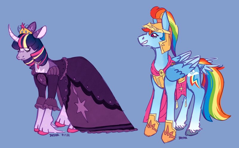 Size: 1790x1110 | Tagged: safe, artist:beyhr, derpibooru import, rainbow dash, twilight sparkle, pegasus, unicorn, alternate design, armor, big crown thingy, blue background, clothes, dress, element of magic, female, helmet, image, jewelry, jpeg, lesbian, regalia, shipping, simple background, twidash, twitterina design, unshorn fetlocks