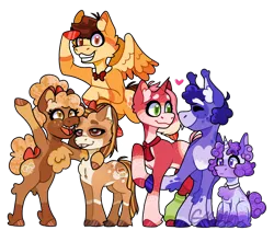 Size: 1280x1130 | Tagged: safe, artist:xtackyfairyx, derpibooru import, oc, unofficial characters only, earth pony, pegasus, pony, unicorn, bipedal, chest fluff, clothes, earth pony oc, flying, grin, group, hoof polish, horn, image, oc x oc, pegasus oc, png, raised hoof, scarf, shipping, side hug, simple background, smiling, transparent background, unicorn oc, wide eyes, wings