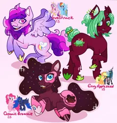 Size: 900x946 | Tagged: safe, artist:xtackyfairyx, derpibooru import, applejack, pinkie pie, princess luna, queen chrysalis, rainbow dash, oc, changeling, changeling queen, pegasus, pony, unicorn, ethereal mane, female, image, lipstick, magical lesbian spawn, offspring, parent:applejack, parent:pinkie pie, parent:princess cadance, parent:princess luna, parent:queen chrysalis, parent:rainbow dash, pegasus oc, pink background, png, raised hoof, simple background, starry mane, wings