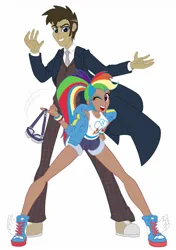 Size: 899x1280 | Tagged: safe, artist:jmkplover, artist:vanossfan10, derpibooru import, doctor whooves, rainbow dash, time turner, equestria girls, doctor who, doctor whooves adventures, fourteenth doctor outfit, image, jpeg