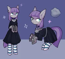 Size: 2015x1829 | Tagged: safe, derpibooru import, maud pie, earth pony, pony, bipedal, black dress, blue background, clothes, collar, dress, ear fluff, eyeshadow, fashion, female, fishnets, front view, goth, gray coat, green eyes, heart padlock, hooves together, image, lock, looking back, looking to the right, looking up, makeup, mare, padlock, png, purple eyeshadow, purple mane, purple tail, rock, side view, sideways glance, simple background, socks, solo, sparkles, standing on two hooves, stockings, striped socks, thigh highs