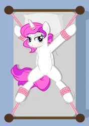 Size: 1536x2166 | Tagged: safe, artist:equestria secret guard, artist:rumblemlpatarster, derpibooru import, oc, oc:snow field, unofficial characters only, alicorn, pony, alicorn oc, armpits, bed, bedroom eyes, belly button, bondage, featureless crotch, female, helpless, horn, horn ring, image, jewelry, jpeg, looking at you, lying down, magic suppression, mare, medibang paint, not pipp petals, on back, on bed, ring, rope, rope bondage, sexy, show accurate, simple background, solo, spread eagle, spread legs, spread wings, spreading, tied to bed, transparent background, wings