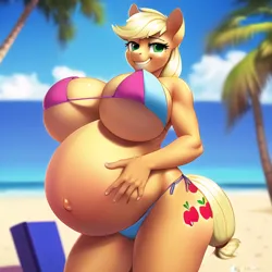 Size: 640x640 | Tagged: suggestive, derpibooru import, machine learning generated, novelai, stable diffusion, applejack, anthro, ai content, beach, bedroom eyes, big breasts, bikini, breasts, busty applejack, clothes, female, hand on belly, image, looking at you, png, pregnant, smiling, swimsuit