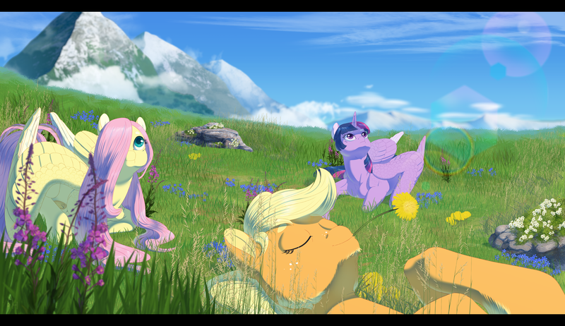 Size: 3734x2158 | Tagged: safe, artist:applehare, derpibooru import, applejack, fluttershy, twilight sparkle, twilight sparkle (alicorn), alicorn, earth pony, pegasus, pony, cute, dandelion, eyes closed, female, grass, grass field, hair over one eye, high res, image, jackabetes, looking up, lying down, mare, mountain, on back, png, prone, shyabetes, straw in mouth, trio, twiabetes