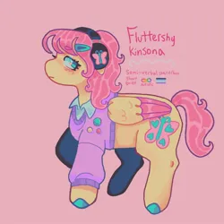 Size: 1440x1440 | Tagged: safe, artist:ariariari.png, derpibooru import, fluttershy, pegasus, pony, alternate cutie mark, alternate design, alternate hairstyle, asexual, asexual pride flag, colored hooves, colored wings, hairclip, headphones, image, jpeg, kinsona, neopronouns, neurodivergent, pink background, pins, ponysona, pride, pride flag, pronouns, simple background, solo, sweater vest, twitterina design, two toned wings, wings