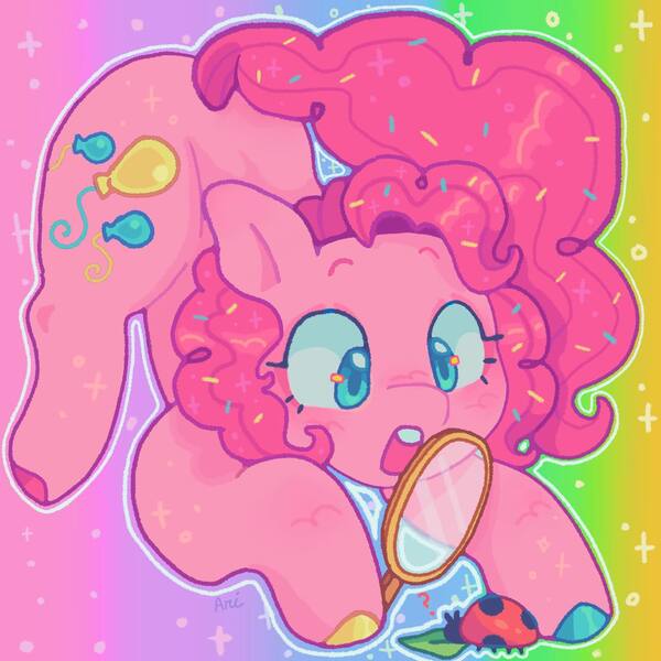 Size: 1440x1440 | Tagged: safe, artist:ariariari.png, derpibooru import, pinkie pie, earth pony, insect, ladybug, pony, alternate versions at source, confetti, image, jpeg, magnifying glass, solo