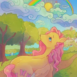 Size: 1440x1440 | Tagged: safe, artist:ariariari.png, derpibooru import, fluttershy, pegasus, pony, alternate versions at source, cloud, cloudsdale, image, jpeg, rainbow, river, sky, solo, sun, trail, tree, water
