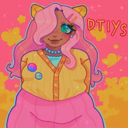Size: 1440x1440 | Tagged: safe, artist:ariariari.png, derpibooru import, fluttershy, human, bisexual pride flag, bisexuality, clothes, dark skin, draw this in your style, ear piercing, earring, fat, hairpin, human coloration, image, jewelry, jpeg, necklace, neurodivergent, pearl necklace, piercing, pony ears, pride, pride flag, solo, sweater