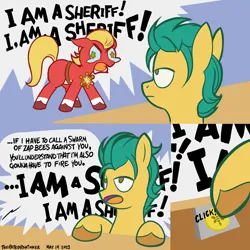 Size: 1920x1920 | Tagged: safe, artist:theratedrshimmer, derpibooru import, hitch trailblazer, sprout cloverleaf, earth pony, pony, g5, angry, crying, image, implied zap bees, male, meme, png, ponified meme, sheriff, the good doctor, this will end in pain, this will end in tears, unamused