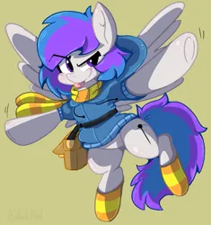 Size: 1011x1074 | Tagged: safe, artist:malachimoet, derpibooru import, oc, unofficial characters only, pegasus, pony, bag, clothes, coat, cute, image, male, pegasus oc, png, scarf, socks, solo, spread wings, striped socks, wings