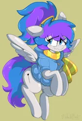 Size: 852x1259 | Tagged: safe, artist:malachimoet, derpibooru import, oc, unofficial characters only, pegasus, pony, clothes, coat, cute, image, pegasus oc, png, ponytail, rule 63, scarf, shy, solo, spread wings, wings