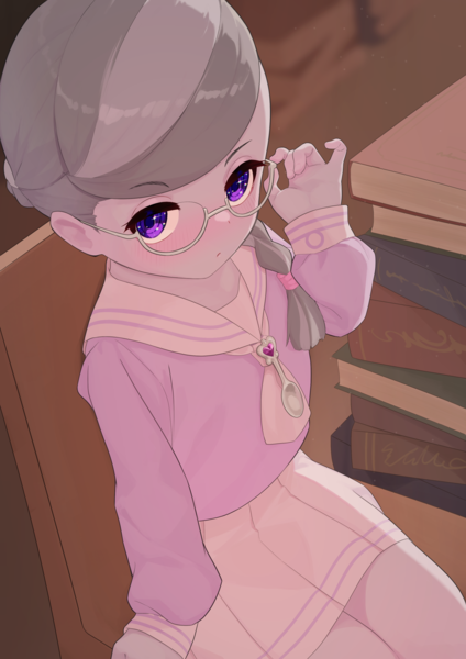 Size: 2480x3508 | Tagged: safe, artist:dekasuji, derpibooru import, silver spoon, equestria girls, blushing, book, child, clothes, cutie mark accessory, explicit source, female, glasses, image, indoors, looking at you, namesake, png, school uniform, sitting, skirt, solo