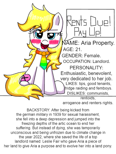 Size: 500x664 | Tagged: safe, artist:aryannespetfemboy, derpibooru import, oc, oc:aryanne, earth pony, aria property cinematic universe, blushing, comedy, cringing, female, funny, image, landlord, low quality, necktie, png, smiling