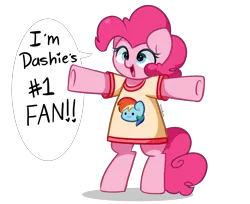 Size: 4256x3473 | Tagged: safe, artist:kittyrosie, derpibooru import, pinkie pie, rainbow dash, earth pony, pony, :3, bipedal, clothes, cute, dashabetes, diapinkes, female, image, mare, open mouth, open smile, png, shirt, simple background, smiling, solo, t-shirt, transparent background