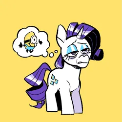 Size: 733x733 | Tagged: safe, artist:kylesmeallie, derpibooru import, rarity, pony, unicorn, bags under eyes, female, image, lidded eyes, mare, minions, png, simple background, solo, thought bubble, yellow background