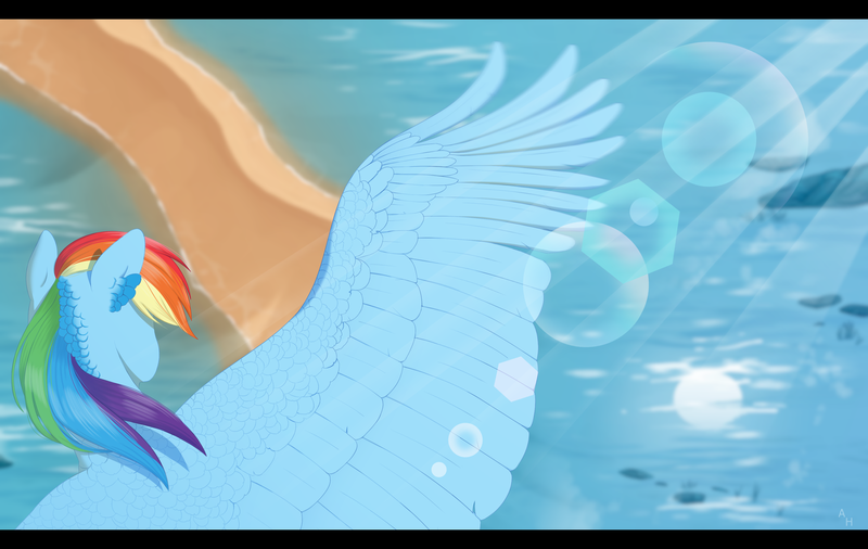 Size: 3531x2232 | Tagged: safe, artist:applehare, derpibooru import, rainbow dash, pegasus, pony, facing away, female, flying, high res, image, large wings, lens flare, mare, ocean, overhead view, png, solo, spread wings, water, wings