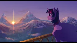 Size: 2500x1406 | Tagged: safe, artist:applehare, derpibooru import, twilight sparkle, twilight sparkle (alicorn), alicorn, pony, facing away, female, image, looking at something, mare, mountain, mountain range, png, solo, sun, sunset