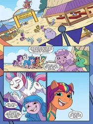 Size: 768x1024 | Tagged: safe, artist:abby bulmer, derpibooru import, idw, hitch trailblazer, izzy moonbow, pipp petals, sunny starscout, zipp storm, bird, earth pony, pegasus, pony, seagull, unicorn, g5, spoiler:comic, spoiler:g5comic, spoiler:g5comic13, bag, beach, blaze (coat marking), cloud, coat markings, diadem, dialogue, english, facial markings, female, filly, foal, folded wings, image, jewelry, male, mane five (g5), mare, maretime bay, missing accessory, necklace, ocean, official comic, pennant, png, raised hoof, rock, saddle bag, sand, sash, sign, socks (coat marking), spread wings, stallion, table, tent, unshorn fetlocks, water, wings