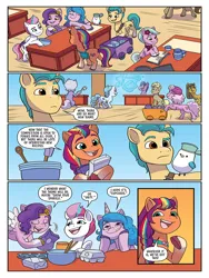 Size: 768x1024 | Tagged: safe, artist:abby bulmer, derpibooru import, idw, hitch trailblazer, izzy moonbow, kenneth, pipp petals, sunny starscout, zipp storm, bird, earth pony, pegasus, pony, seagull, unicorn, g5, spoiler:comic, spoiler:g5comic, spoiler:g5comic13, bag, blaze (coat marking), book, bowl, bracelet, butt, cart, clothes, coat markings, cupcake tray, dahlia, diadem, dialogue, egg carton, english, facial markings, female, flower, flower in hair, folded wings, friendship bracelet, glasses, glow, glowing horn, hoof hold, horn, image, jar, jewelry, licking, licking lips, magic, magic aura, male, mane five (g5), mare, missing accessory, mixing bowl, official comic, pins, plot, png, saddle bag, sash, scarf, sheriff's badge, socks (coat marking), spatula, spread wings, stallion, table, telekinesis, tongue out, tray, unshorn fetlocks, whisk, wings, wooden spoon