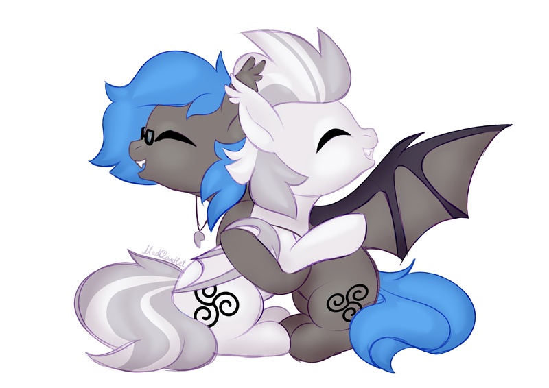 Size: 2560x1810 | Tagged: safe, artist:madcloudlet, derpibooru import, oc, oc:jizlez, oc:nobrony, unofficial characters only, bat pony, pony, bat wings, eyes closed, fangs, glasses, hug, image, jewelry, jpeg, male, simple background, stallion, wings
