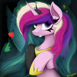 Size: 4000x4000 | Tagged: safe, artist:ser-p, derpibooru import, princess cadance, queen chrysalis, alicorn, changeling, changeling queen, pony, absurd resolution, fake cadance, female, floating heart, grin, heart, image, mid-transformation, png, smiling