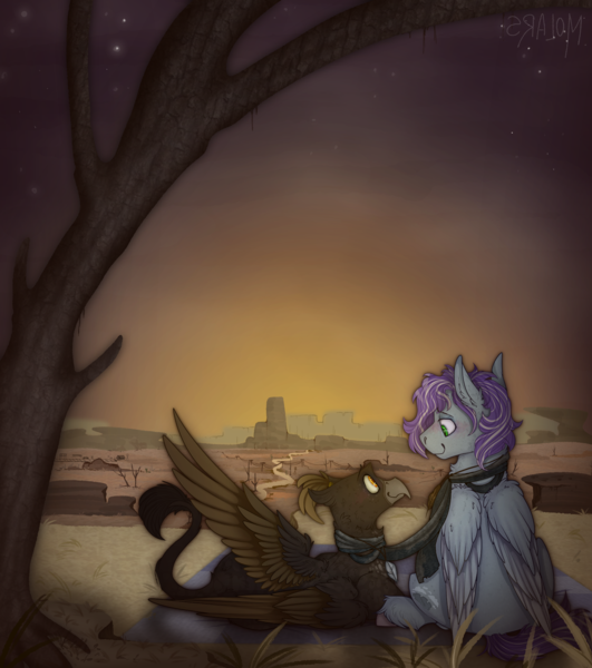 Size: 2300x2600 | Tagged: safe, artist:molars, derpibooru import, oc, oc:adisen quill, oc:cloud watcher, unofficial characters only, gryphon, pegasus, pony, fallout equestria, background, blanket, blue fur, blushing, clothes, commission, detailed background, folded wings, griffon oc, image, leonine tail, png, purple mane, scarf, spread wings, stars, sunset, tail, tree, wasteland, wings