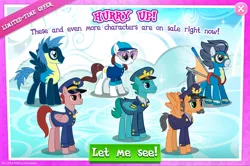 Size: 1963x1302 | Tagged: safe, derpibooru import, official, admiral fairy flight, colonel purple dart, general flash, rumble, star hunter, unnamed character, unnamed pony, earth pony, pegasus, pony, advertisement, aviator goggles, clothes, english, facial hair, female, flight suit, folded wings, gameloft, glasses, glider, goggles, hat, image, jpeg, male, mare, mobile game, moustache, my little pony: magic princess, spread wings, stallion, text, wings