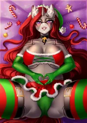 Size: 2893x4092 | Tagged: suggestive, alternate version, artist:minamikoboyasy, derpibooru import, oc, oc:selune darkeye, anthro, pony, unicorn, anthro oc, bed, belt, belt buckle, body markings, choker, christmas, christmas decoration, clothes, ear fluff, fur, gloves, hat, heart hands, holiday, horn, image, looking at you, lying down, markings, mistletoe, on back, on bed, png, pregnant, redhead, santa hat, smiling, smiling at you, socks, solo, spread legs, spreading, stockings, thigh highs, unicorn oc