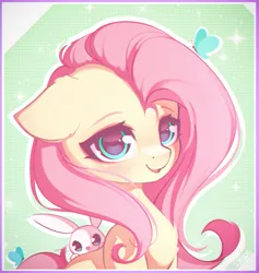 Size: 1539x1625 | Tagged: safe, artist:stahlkat, derpibooru import, angel bunny, fluttershy, butterfly, insect, pegasus, pony, rabbit, animal, cute, duo, female, floppy ears, image, looking at you, mare, open mouth, open smile, png, shyabetes, signature, smiling, smiling at you, wingless
