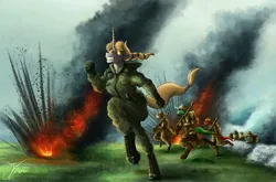Size: 1500x990 | Tagged: safe, artist:jamescorck, derpibooru import, oc, unofficial characters only, anthro, unguligrade anthro, unicorn, explosion, image, png, running, world war i