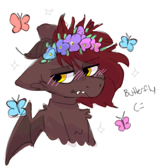 Size: 540x552 | Tagged: safe, artist:puppie, derpibooru import, oc, oc:whiskey dreams, unofficial characters only, butterfly, insect, blushing, floral head wreath, flower, image, no source available, png, simple background, white background