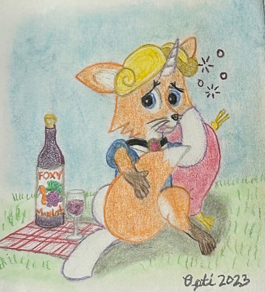Size: 2723x3006 | Tagged: safe, artist:opti, derpibooru import, oc, oc:guiding light, unofficial characters only, fox, unicorn, alcohol, bottle, drunk bubbles, glass, hug, image, jpeg, looking at you, solo, tail, tail hug, traditional art, transformation, wine, wine bottle, wine glass