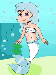 Size: 818x1087 | Tagged: safe, artist:ocean lover, derpibooru import, cotton cloudy, human, mermaid, background character, bandeau, bare shoulders, belly, belly button, boulder, bubble, child, cottonbetes, cute, fins, fish tail, happy, human coloration, humanized, image, long hair, looking up, mermaid tail, mermaidized, mermay, midriff, ms paint, ocean, png, purple eyes, sand, sleeveless, smiling, species swap, tail, tail fin, underwater, water