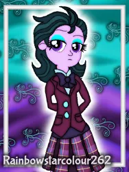 Size: 768x1024 | Tagged: safe, artist:rainbowstarcolour262, derpibooru import, part of a set, zephyr, human, series:equ wallpapers, equestria girls, friendship games, abstract background, background human, bowtie, clothes, crystal prep academy uniform, crystal prep shadowbolts, cutie mark background, eyeshadow, female, hand behind back, image, makeup, part of a series, plaid skirt, pleated skirt, png, school uniform, shirt, signature, skirt, solo