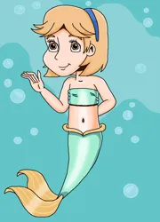 Size: 635x880 | Tagged: safe, artist:ocean lover, derpibooru import, peach fuzz, human, mermaid, background character, bandeau, bare shoulders, belly, belly button, blue background, bubble, cheerful, child, cute, diapeaches, female, fins, fish tail, hand behind back, happy, headband, human coloration, humanized, image, light skin, looking at you, mermaid tail, mermaidized, mermay, midriff, ms paint, ocean, png, short hair, simple background, sleeveless, smiling, smiling at you, solo, species swap, tail, tail fin, underwater, water, waving, waving at you