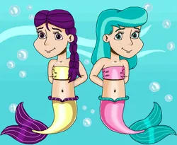 Size: 1033x845 | Tagged: safe, artist:ocean lover, derpibooru import, aquamarine, boysenberry, human, mermaid, adorable face, background character, bandeau, bare shoulders, bashful, belly, belly button, blue background, boysenbetes, braid, bubble, child, cute, duo, duo female, female, fins, fish tail, hand behind back, human coloration, humanized, image, kids, looking at you, mermaid lovers, mermaid tail, mermaidized, mermay, midriff, ms paint, ocean, png, purple eyes, shy, simple background, sleeveless, smiling, smiling at you, species swap, tail, tail fin, teal eyes, two toned hair, underwater, water