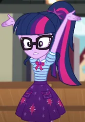 Size: 241x346 | Tagged: safe, derpibooru import, screencap, sci-twi, twilight sparkle, equestria girls, equestria girls series, holidays unwrapped, spoiler:eqg series (season 2), armpits, arms in the air, bowtie, clothes, cutie mark, cutie mark on clothes, geode of telekinesis, glasses, hands in the air, image, jewelry, magical geodes, pendant, png, pockets, polo shirt, ponytail, skirt, the cider louse fools