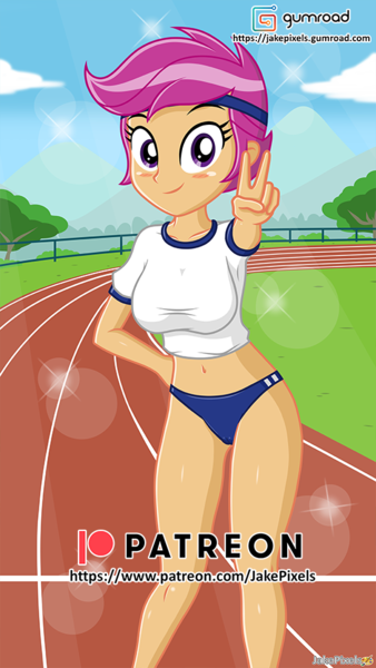 Size: 546x970 | Tagged: suggestive, artist:jakepixels, derpibooru import, scootaloo, human, equestria girls, breasts, busty scootaloo, gumroad, gumroad logo, image, looking at you, older, older scootaloo, patreon, patreon logo, png, sports outfit, sports panties, sporty style