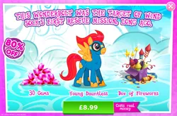 Size: 1960x1297 | Tagged: safe, derpibooru import, official, dauntless, pegasus, pony, advertisement, aviator goggles, clothing damage, costs real money, engrish, fireworks, gameloft, gem, goggles, image, jpeg, male, mobile game, my little pony: magic princess, numbers, sale, solo, solo focus, spread wings, stallion, text, wings, young dauntless