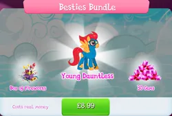 Size: 1268x857 | Tagged: safe, derpibooru import, official, dauntless, pegasus, pony, aviator goggles, bundle, clothing damage, costs real money, engrish, fireworks, gameloft, gem, goggles, image, jpeg, male, mobile game, my little pony: magic princess, numbers, sale, solo, solo focus, spread wings, stallion, text, wings, young dauntless