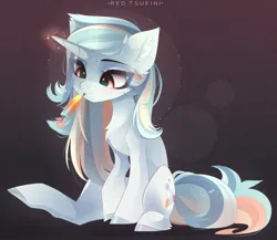 Size: 2449x2130 | Tagged: safe, artist:red_tsukini, derpibooru import, oc, oc:sea sprint, unofficial characters only, pony, unicorn, chest fluff, cute, ear fluff, female, food, horn, image, jpeg, magic, mare, popsicle, sitting, tongue out, unicorn oc