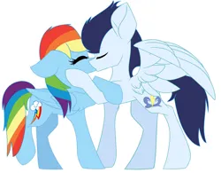 Size: 1013x789 | Tagged: safe, artist:thunderspeedyt, derpibooru import, rainbow dash, soarin', pegasus, pony, eyes closed, female, image, jpeg, kiss on the lips, kissing, male, mare, shipping, simple background, soarindash, stallion, straight, white background