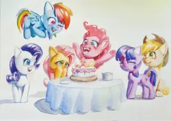 Size: 4400x3104 | Tagged: safe, artist:ph平和, derpibooru import, applejack, fluttershy, pinkie pie, rainbow dash, rarity, twilight sparkle, earth pony, pegasus, pony, unicorn, birthday, birthday cake, cake, crying, food, happy, image, jpeg, mane six, party, smiling, tears of joy, traditional art, unicorn twilight, watercolor painting