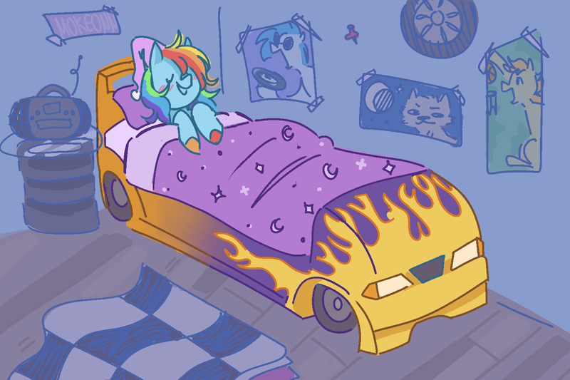 Size: 1500x1000 | Tagged: safe, artist:mokeonn, derpibooru import, rainbow dash, vinyl scratch, pegasus, pony, bed, car, hat, image, nightcap, png, poster, race car bed, racecar, radio, record, sleeping, solo, tape