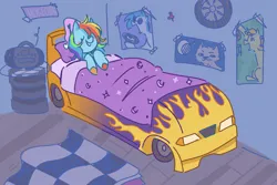 Size: 1500x1000 | Tagged: safe, artist:mokeonn, derpibooru import, rainbow dash, vinyl scratch, pegasus, pony, bed, car, hat, image, nightcap, png, poster, race car bed, racecar, radio, record, sleeping, solo, tape